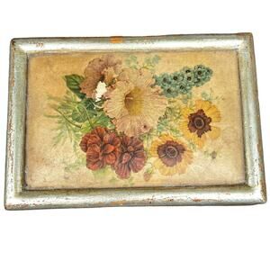 Vintage Borghese Chalkware Gold Trinket Box Floral Print Flowers Dresser DAMAGE